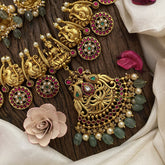 Vriksham Kundan Jadau Coin Style Dual Peacock With Lakshmi Neckpiece-Pastel Green Beads-J2894